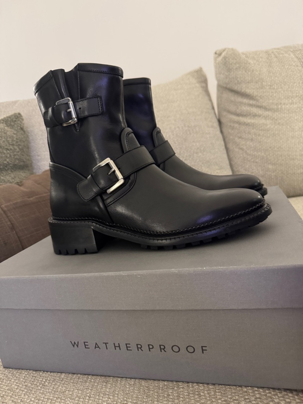 Brand New Aquatalia Weatherproof Black Leather Buckle Zipper Ankle Boots